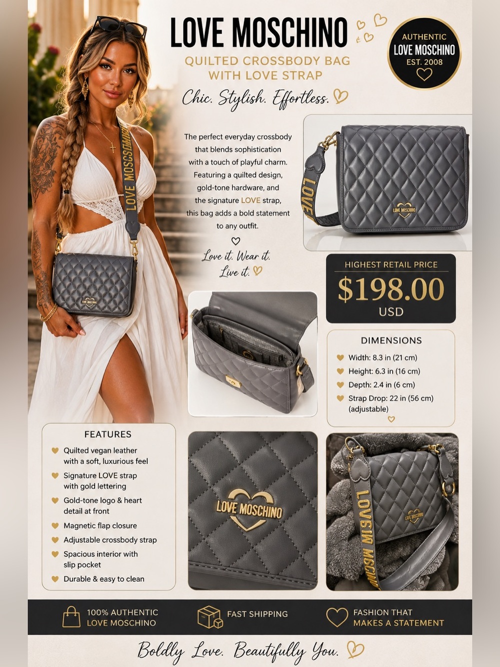 Love Moschino Quilted Crossbody Bag in Gray with LOVE Strap